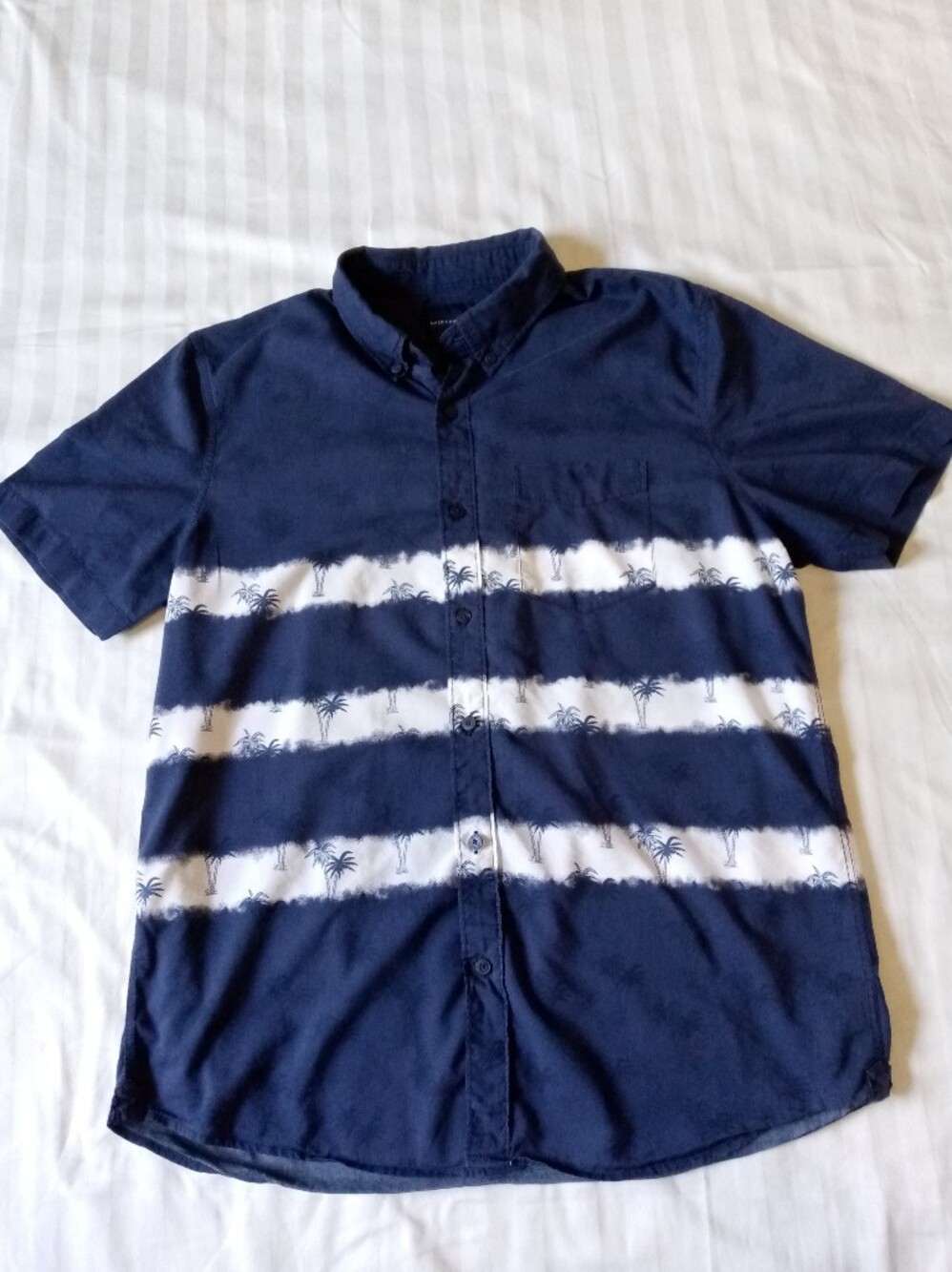 American Eagle Outfitters Navy and White Striped Palm-Print Button-Up Shirt